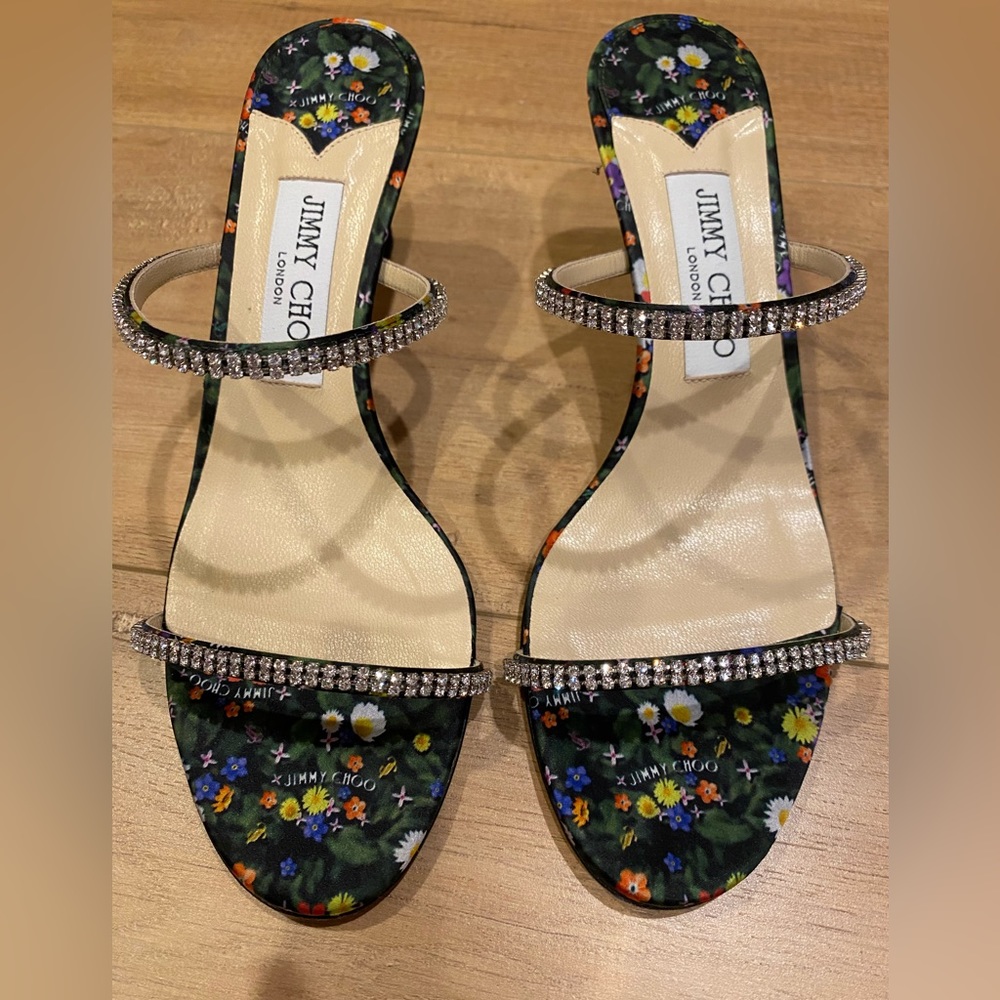 Jimmy Choo Floral Crystal-Strap Sandals in Black Multi